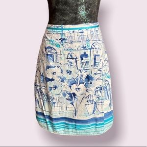 Vintage Van Heusen Blue Watercolor City Scape Skirt